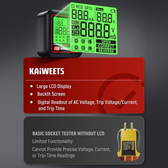 KAIWEETS KT301E automatinio jungiklio ieškiklis ir elektros lizdų testeris 5