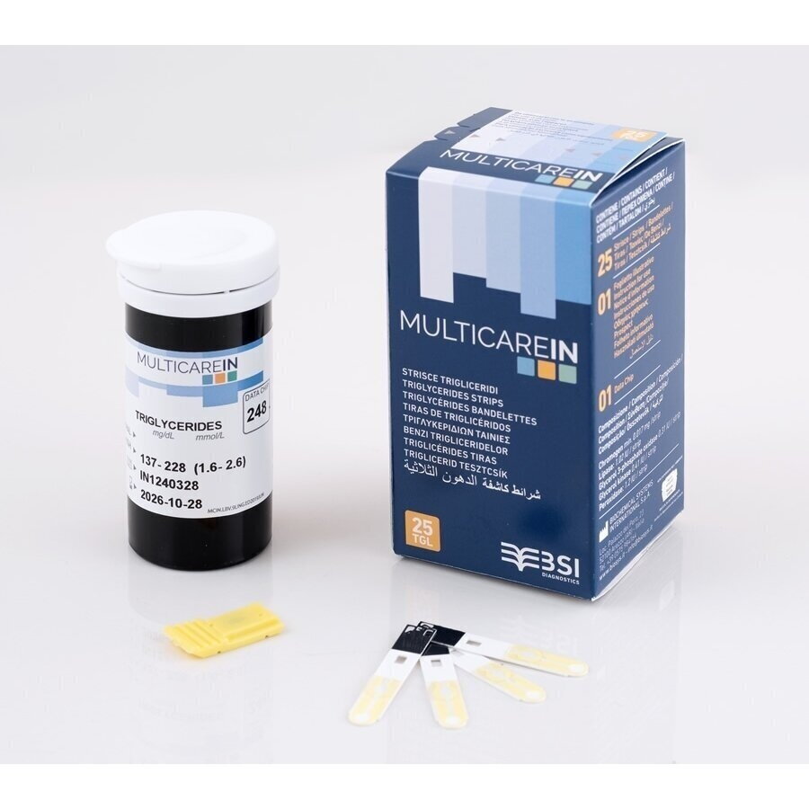 Multicare IN gliukozės, cholesterolio ir trigliceridų matuoklis su 5vnt. cholesterolio juostelių pakuote ir 25vnt. trigliceridų juostelių pakuote 1