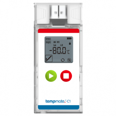 Vienkartinis sauso ledo temperatūros registratorius TEMPMATE C1 USB su gamintojo kalibravimo sertifikatu galiojančiu 2 metus nuo kalibravimo datos