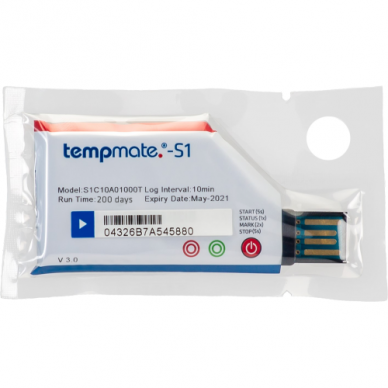 Vienkartinis temperatūros registratorius TEMPMATE S1 V3 USB su gamintojo kalibravimo sertifikatu galiojančiu 2 metus nuo kalibravimo datos